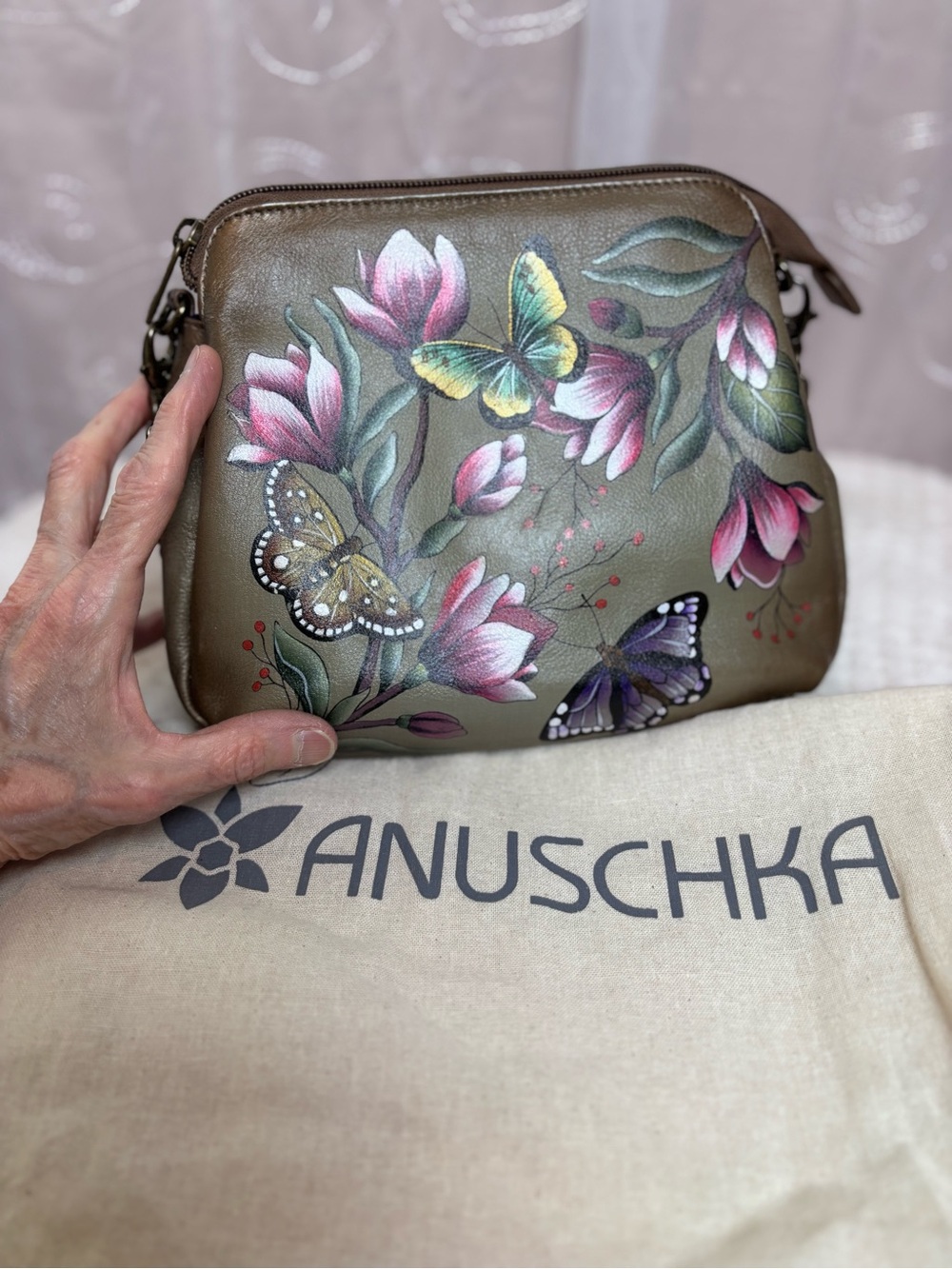 Anuschka Olive Leather Crossbody with Hand-Painted Butterflies & Florals